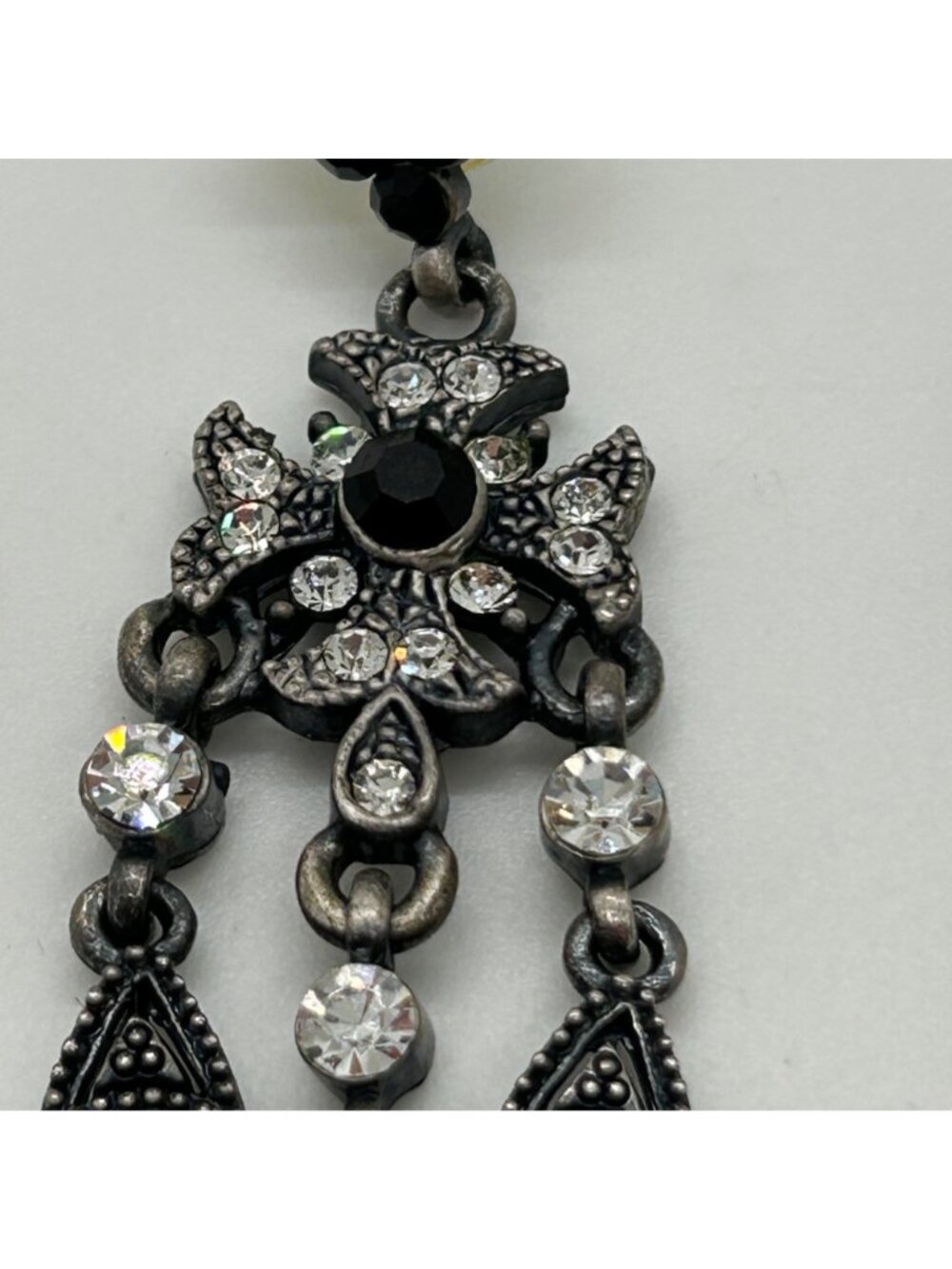 Gothic Chandelier Earrings Gunmetal Victorian Revival Black Rhinestone Statement - Picture 4 of 13